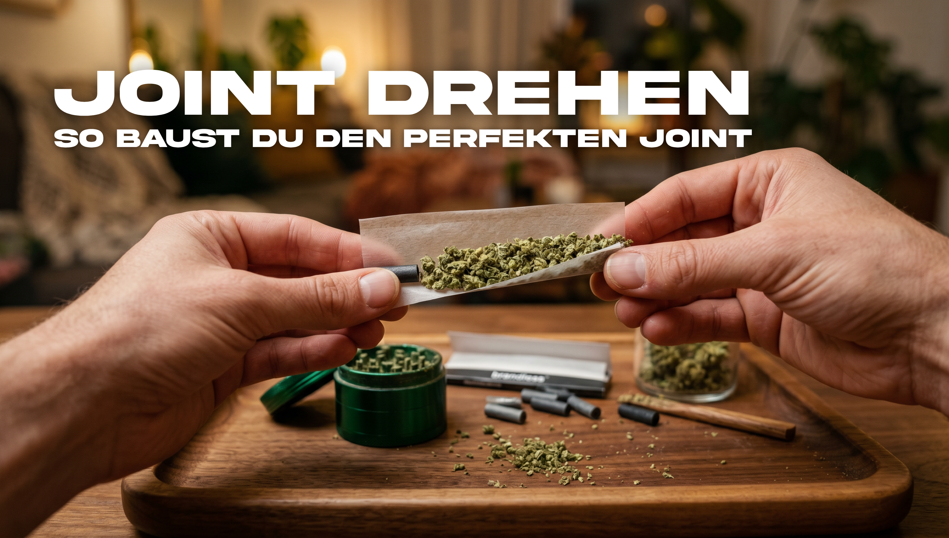 Joint drehen – Hände halten einen halb gerollten Cannabis Joint mit Grinder, Filter Tips und Blüten auf einem Holz Rolling Tray
